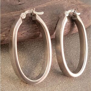 Sterling Oval Squared Edge Hoop Earrings 1 3/8"